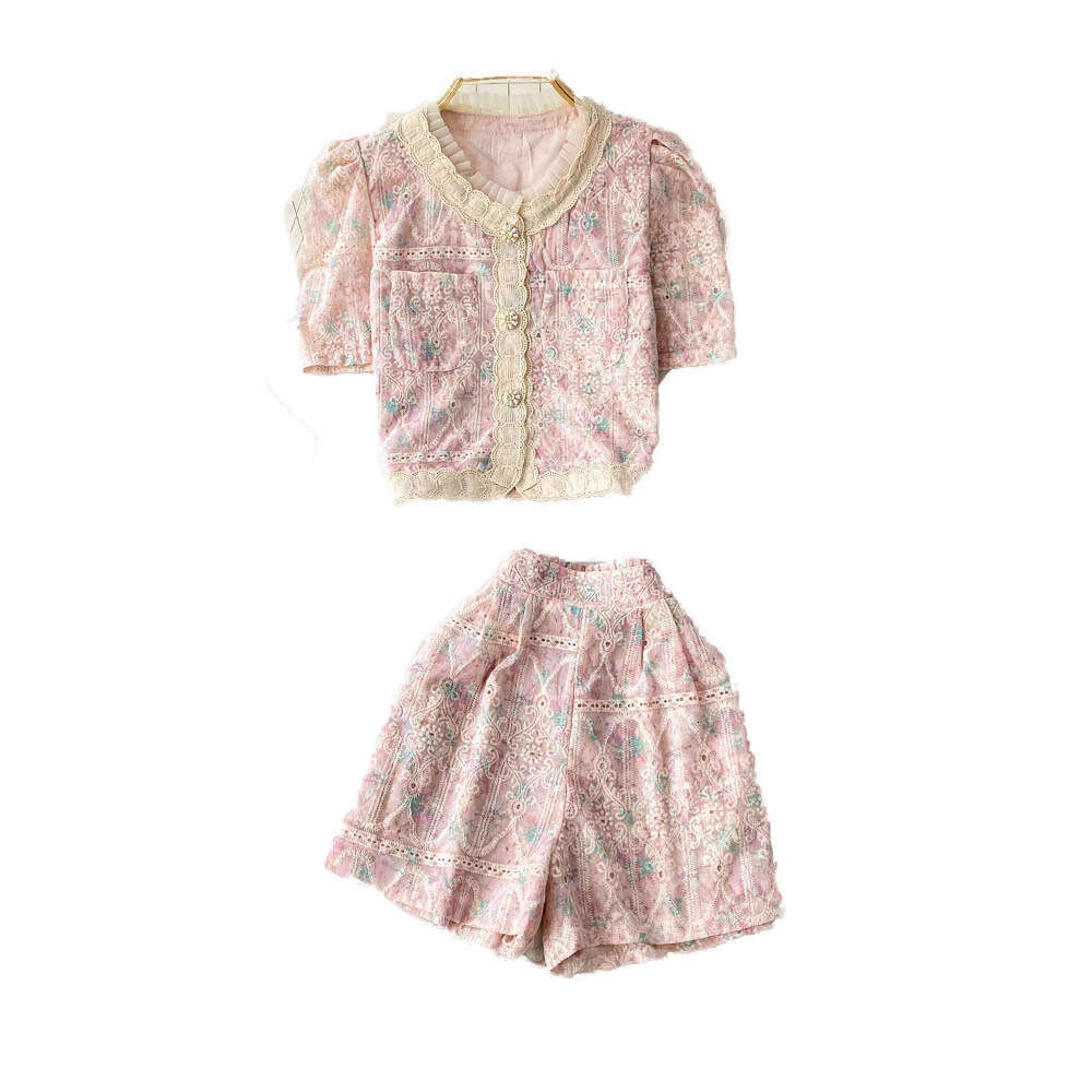 2026 Elegant Cross border Social Celebrity Style Heavy Industry Lace Embroidery Young Round Neck Jacket A12 High Waist Wide Leg Shorts