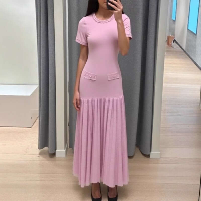 2026 Spring and Summer Designer's New Round Neck Short Sleeve Knitted French Beaded Long Dress