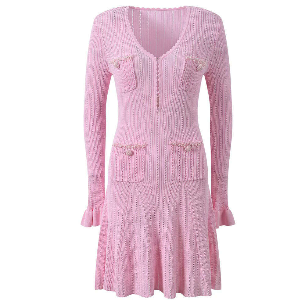 2026 Spring/Autumn New Pink Exquisite V-neck Long Sleeve Knitted Bell A12 Sleeve Short Sleeve A-line Skirt