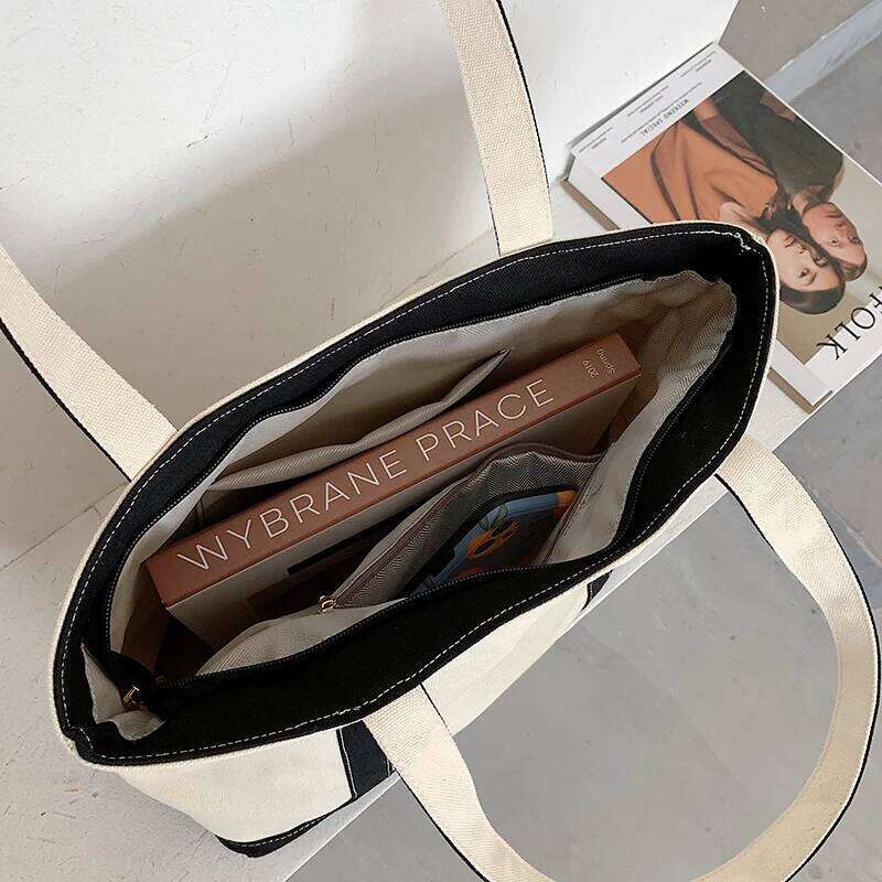 Simple Canvas Women's Handbag Zipper Shoulder 2022 Fashion Striped Strap Large Capacity Ladies Square Tote Shopping Bag XJ260306
