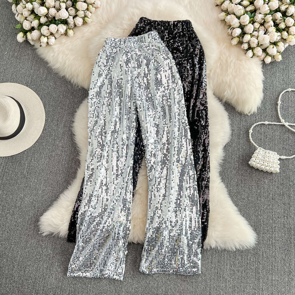 2026 Spring and Summer New Fashionable Unique Glitter Elastic High Waist Wide Leg Casual Women's Pants with Hanging Effect