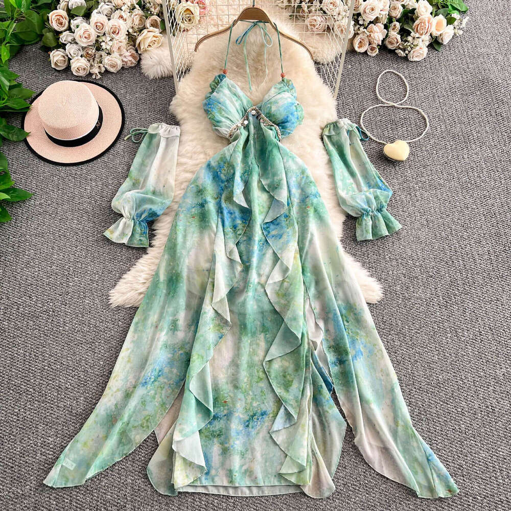 Designer vacation style tie dye sleeveless sexy backless dress, elegant and charming in summer, with an asymmetrical waist like fairy