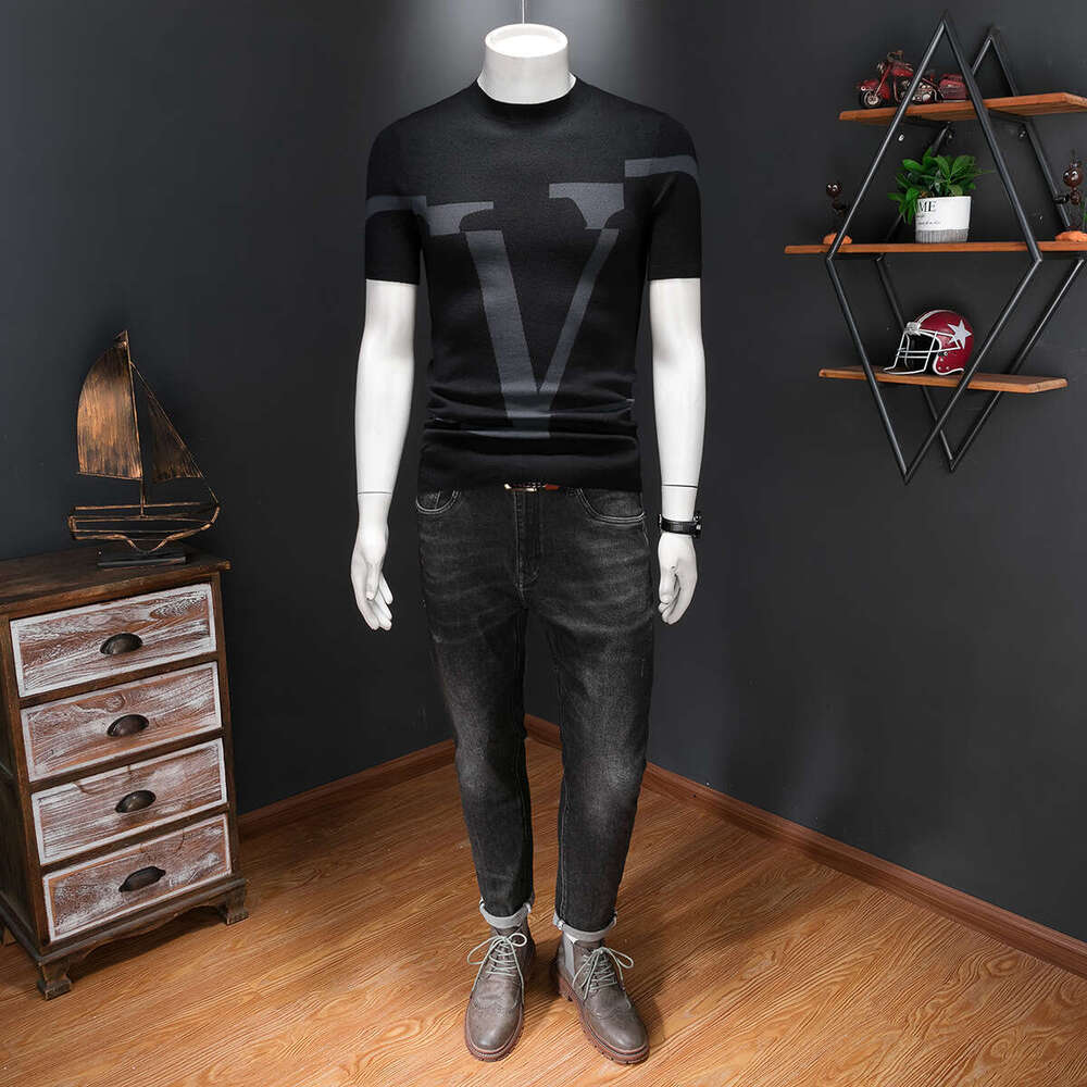 Spring European Brand Men's Short Wool Knit Pullover Half Sleeve Base Shirt Autumn Winter New Round Neck T-Shirt Luanyun