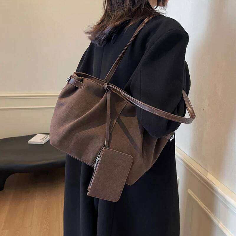 Suede Shoulder Bags for Women Large Capacity Totes Lightweight Underarm Casual Shopper Handbag Solid Color Travel Bucket Bag XJ260306
