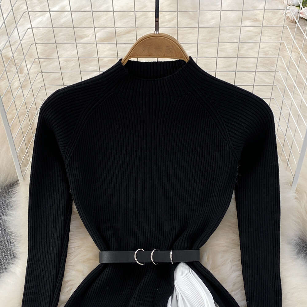 Designer's autumn and winter high-end light luxury elegant stand up collar knitted dress A12 with gradient color pleated waist and large hem