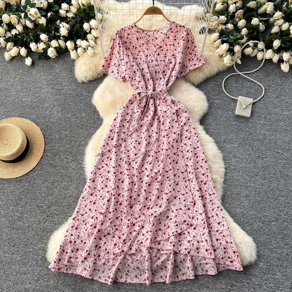 Designer slim fit design integrated V-neck tied waist short A13 sleeved women's floral summer elegant French long skirt