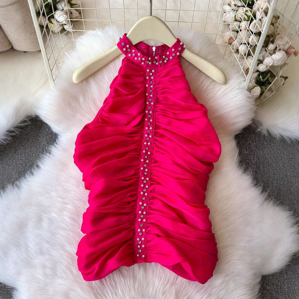 2026 European and American sexy hot A13 girl style off shoulder beaded off shoulder vest for spring and summer social celebrities slim fit top