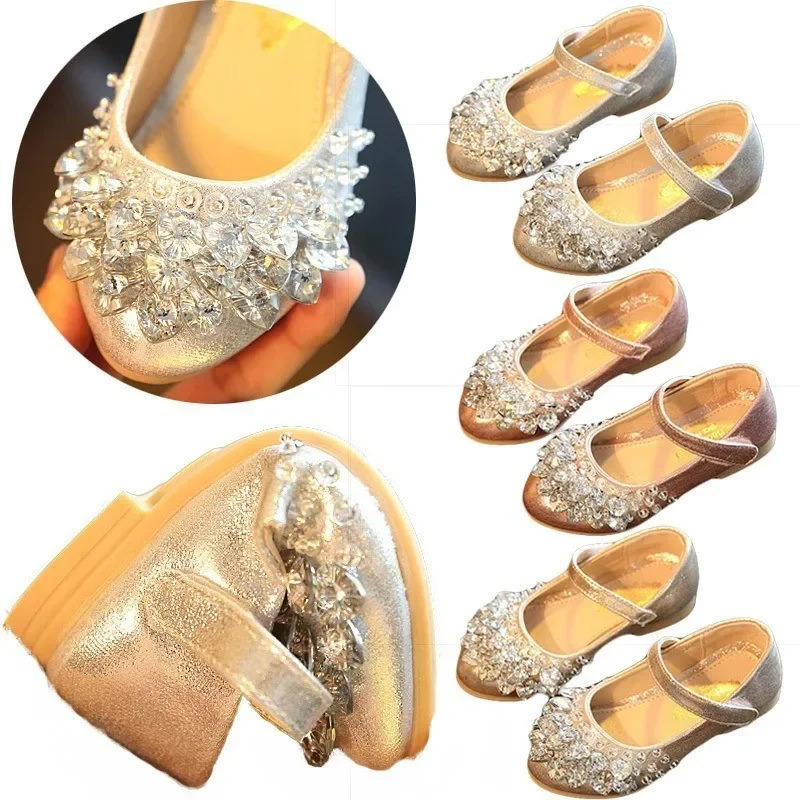 Girls Crystal Shiny Princess Shoes Kids Sweet Flats Performance Shoes Fashion Childrens Leather Shoes for Party Wedding 260302