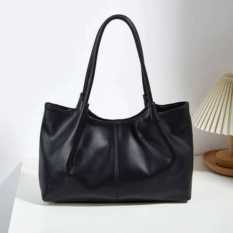 2025 Soft Leather Shoulder Large for Women; Portable Tote Bag; Black Pleated; Daily Commuting Bag XJ260306