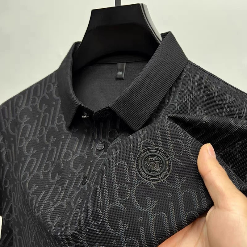 High end ice silk mens polo shirt short sleeve summer cool and breathable lapel T-shirt fashionable printed casual top 260305