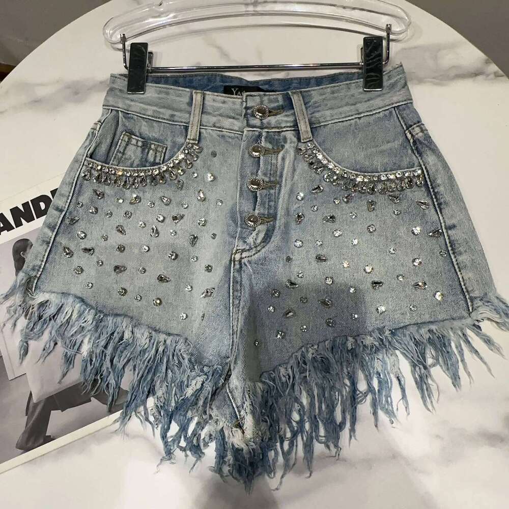 Spring Autumn Rhinestones Diamonds Beaded Jeans Tassels Edge Denim Shorts Crystal Fringed Hot Pants Sequined Cowboy Trousers XJ260306