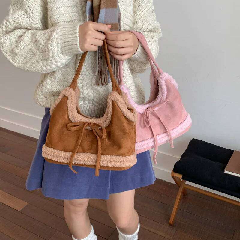 Vintage Shearling Suede Tote Women Large Capacity Bow Shoulder Autumn Winter Fashion Simple Texture Casual Bucket Bag XJ260306