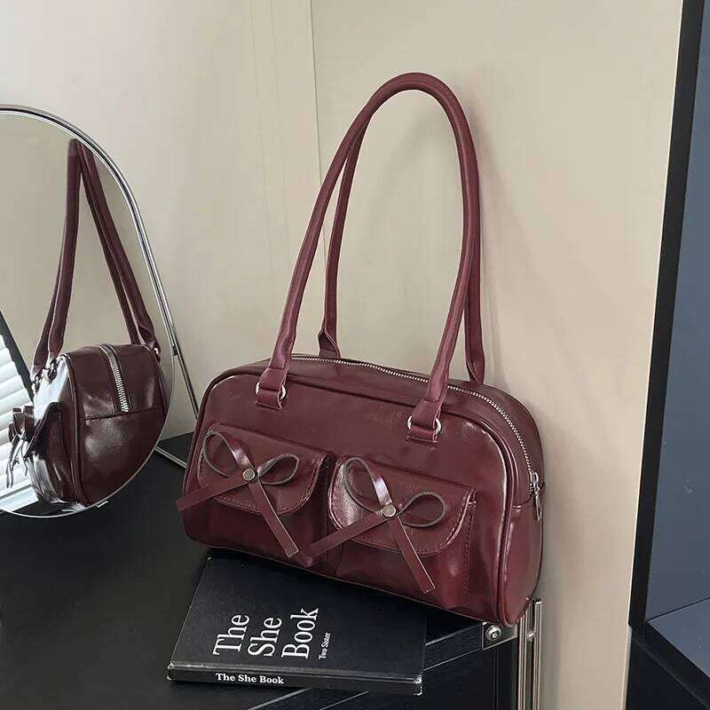 Solid Color Vintage Women's Pu Leather Shoulder Bag Multi-pocket Ladies Handbags Sweet Bowknot College Girls Underarm Bags XJ260306