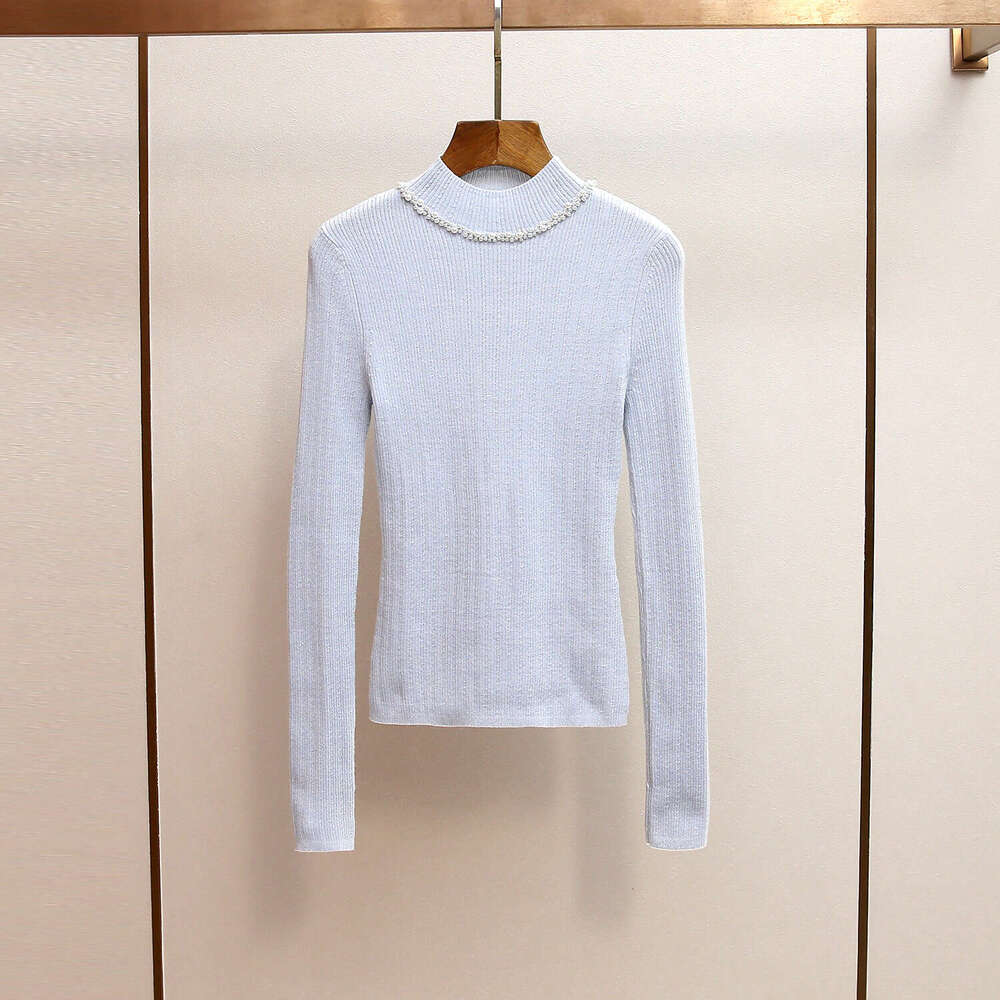 2026 designer high-end women's clothing autumn and winter new style French minimalist pearl decoration semi high neck slim knit top