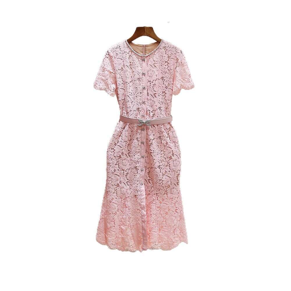 2026 Spring and Summer New High end Pink Thick Lace Beaded Round Neck Short Sleeve A-line Mermaid Dress