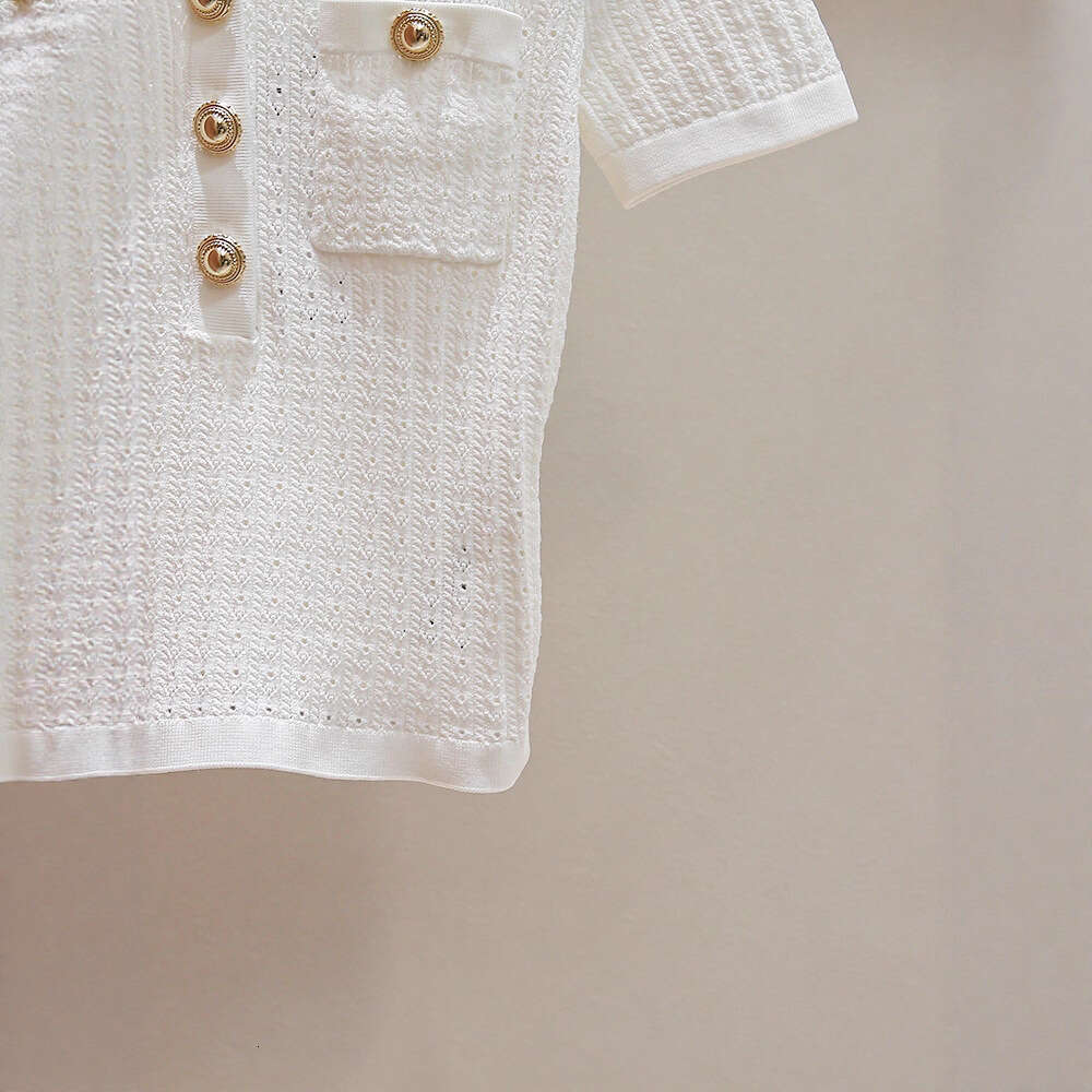 2026 Summer Age Reducing Multi functional Crochet Hook Hollow Regular Shoulder Sleeve Flip Collar Slimming Women's Knitted Short Top