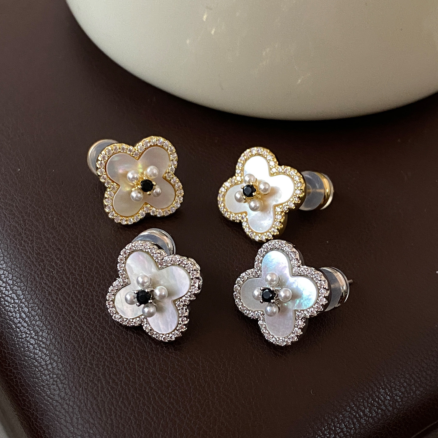14k real gold plated silver needle zircon mother-of-pearl flower stud niche high-end earrings, simple and elegant women's earrings - view 5