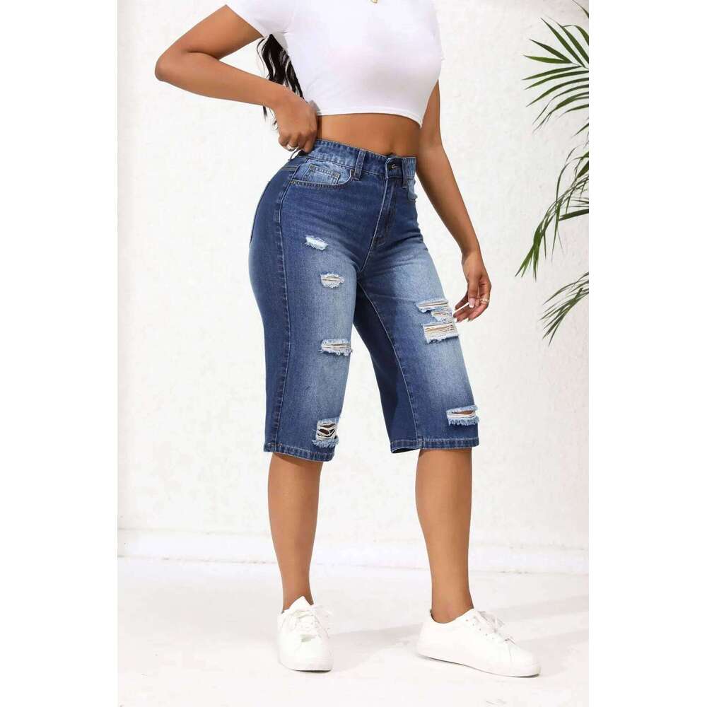 Mid-length Washed Ripped High Waist Jeans. New Summer Casual and Loose Comfortable Straight-leg Seven-inch Jeans for Women XJ260306