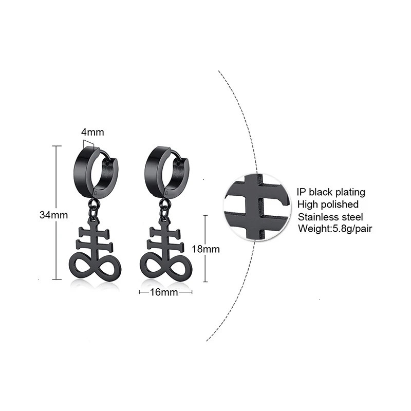 BRIMSTONE SATANIC CROSS EARRING for men CHURCH OF SATAN SATANIC STAINLESS STEEL EARRINGS UNISEX JEWELRY 260302