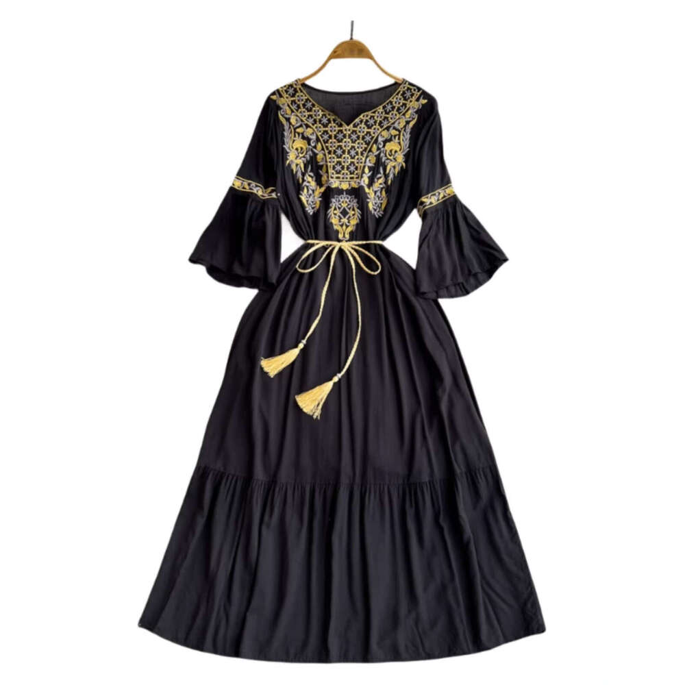 2026 Spring A13 and Autumn Embroidered Dress V-neck Waist Slimming Bell Sleeve Bohemian Style Quarter Sleeve