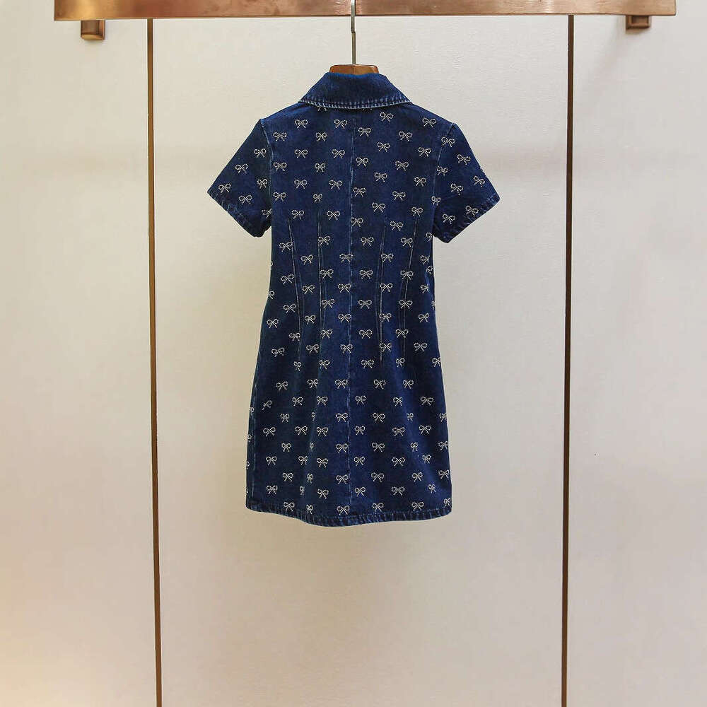 2026 Spring and Summer New Casual Style Young Collar Sleeve Single breasted Water Diamond Bow Cowboy Dress Short Skirt