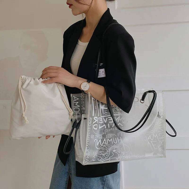 Ladies Transparent Tote Graffiti Large Capacity Shoulder PVC Jelly Clear Fashion Beach Hand Bag for Women XJ260306