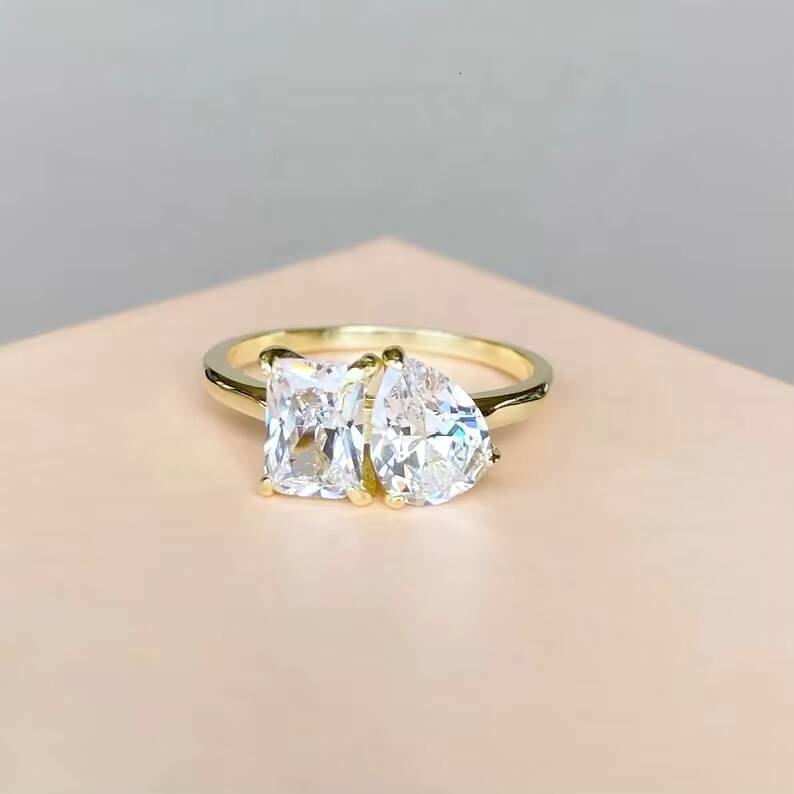 Goldleaf Jewellery 14k Solid Yellow Gold Double Stone Wedding Ring Rectangle Cut Pear Cut D VVS Moissanite Bride Ring Engagement