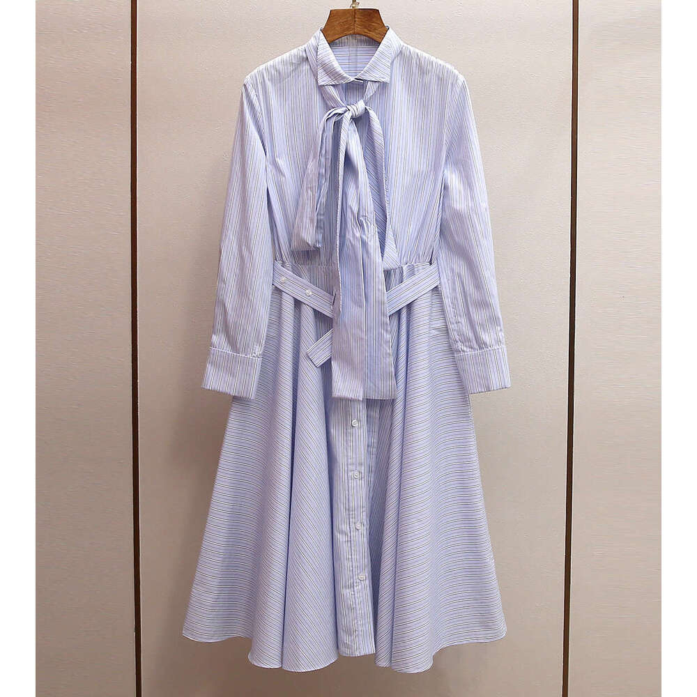 2026 designer high-end women's A12 spring Art Nouveau elegant style lace up lapel slim striped shirt dress