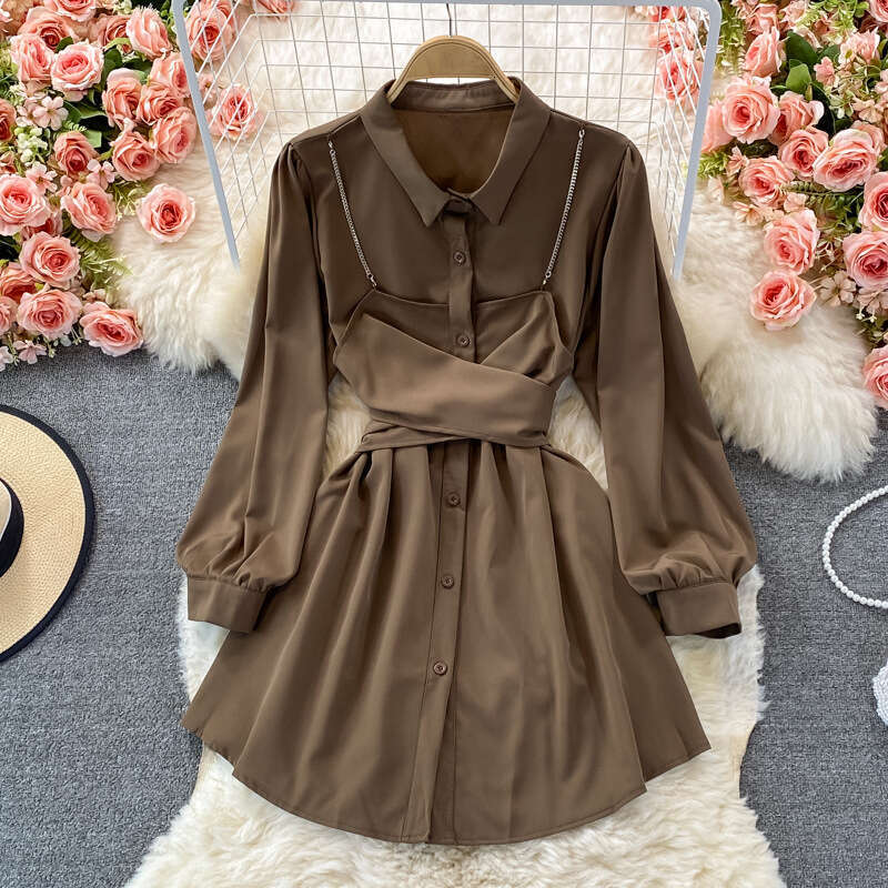 2026 Spring/Autumn Designer Korean Edition New Nichi Elegant Two Piece Tie Waist Long Sleeve Collar Dress