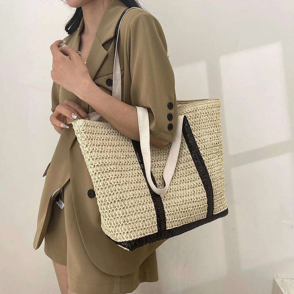Women Straw Handbag Large Capacity Sequins Weaving Travel Contrast Color Minimalist Tote Ladies Summer Daily Bag XJ260306