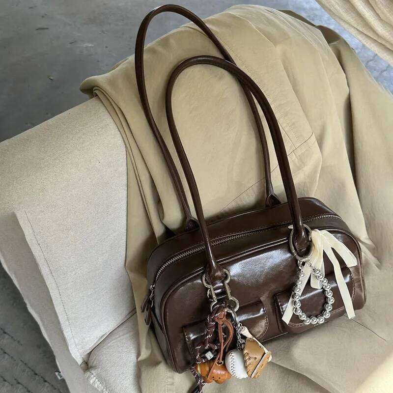 New Large Capacity Brown Bowling Handbag Women's Shoulder Retro Korean INS Style Autumn Winter Fashion Trend Bag XJ260306