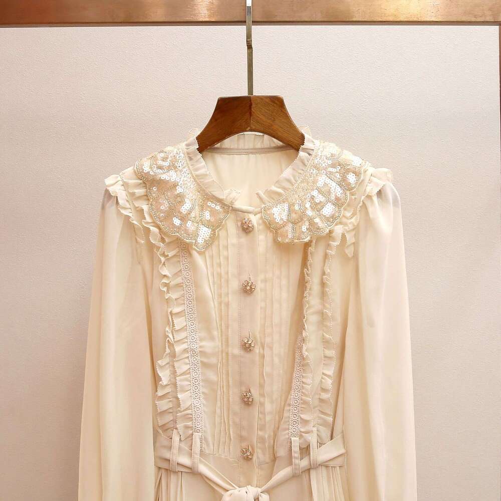 2026 autumn and winter new casual elegant style pleated patchwork bead doll collar waistband chiffon women's long sleeved dress