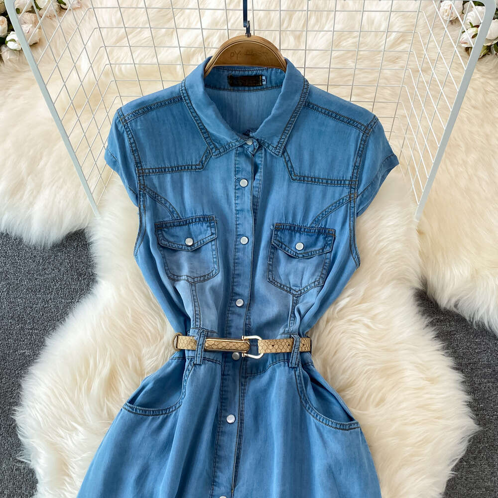 Designer's lightweight and mature style sleeveless denim women's dress, summer A12 new style French retro slim fit A-line skirt