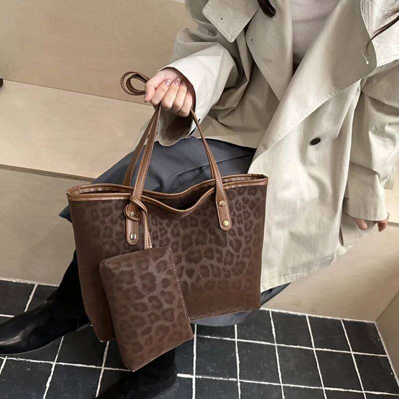 2pcs/set Leopard Print Women Shoulder For Commuting, Daily Used, Casual Tote Bag Large Capacity Ladies Handbags And Purses XJ260306