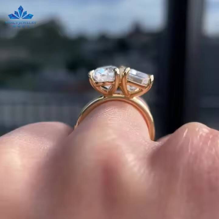 Toi Et Moi Emerald Cut 7x9mm and Pear Cut 7x10mm Engagement Ring 14k Yellow Gold Moissanite Ring With GRA Certificate