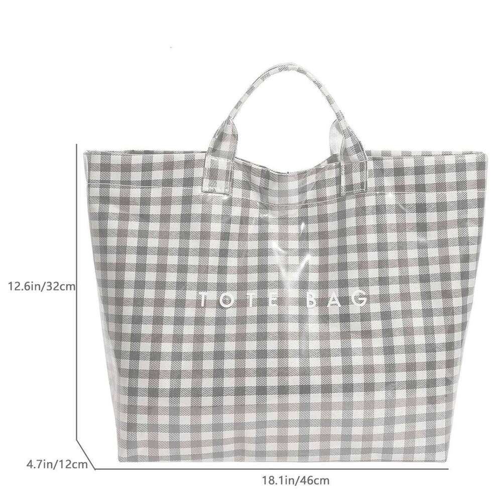 Classic Clear PVC Tote Bag Plaid Check Pattern Letter Print Lightweight Velcro Closure Large Capacity for Daily Commute Shopping XJ260306