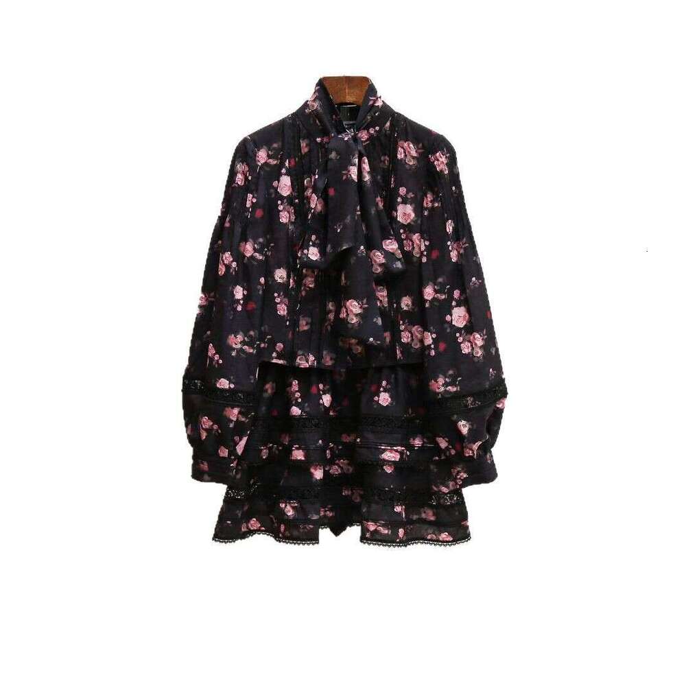 2026 designer high-end women's fashion new style French retro romantic print set tie waist short sleeved shirt skirt