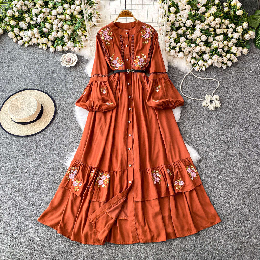 Designer ethnic style embroidered round neck women's lantern sleeve new single breasted A13 slim pleated long skirt