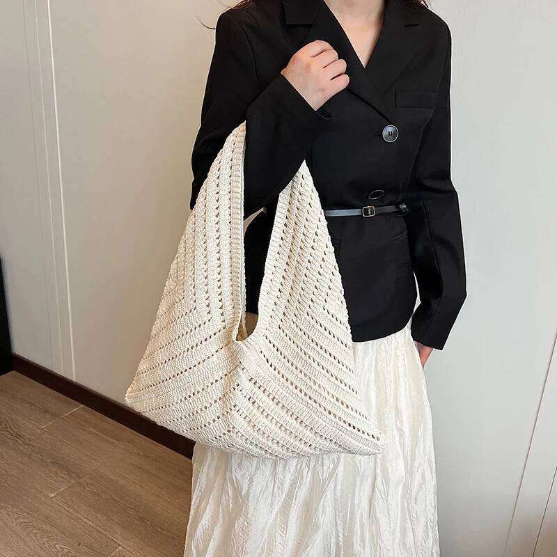Brand Women Tote Knitting Handbag Triangle Design Woven Beach Lightweight Elegant Portable Shoulder Bag Purse XJ260306