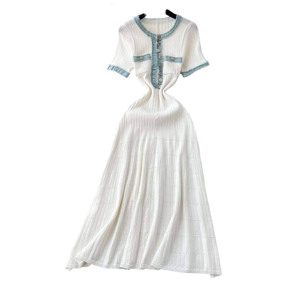 2026 designer's fashionable elegant denim patchwork dress with short sleeves, waist cinching, and knitted long sleeves