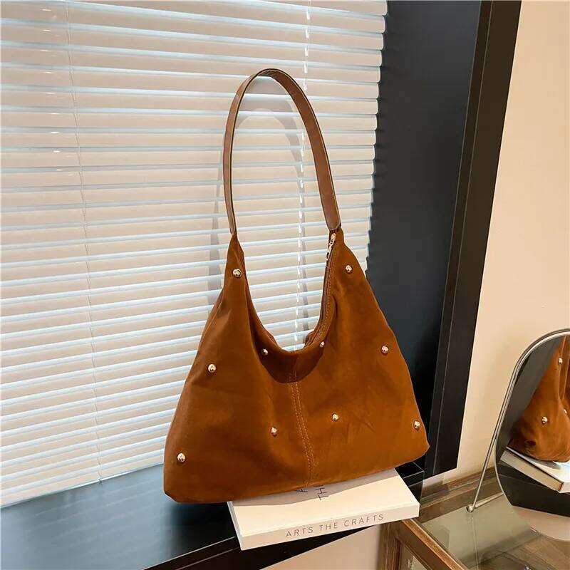 Simple Thread Design Women Faux Suede Shoulder Bags Rivet Large Capacity Ladies Handbags Commuter Female Underarm Tote Bag XJ260306