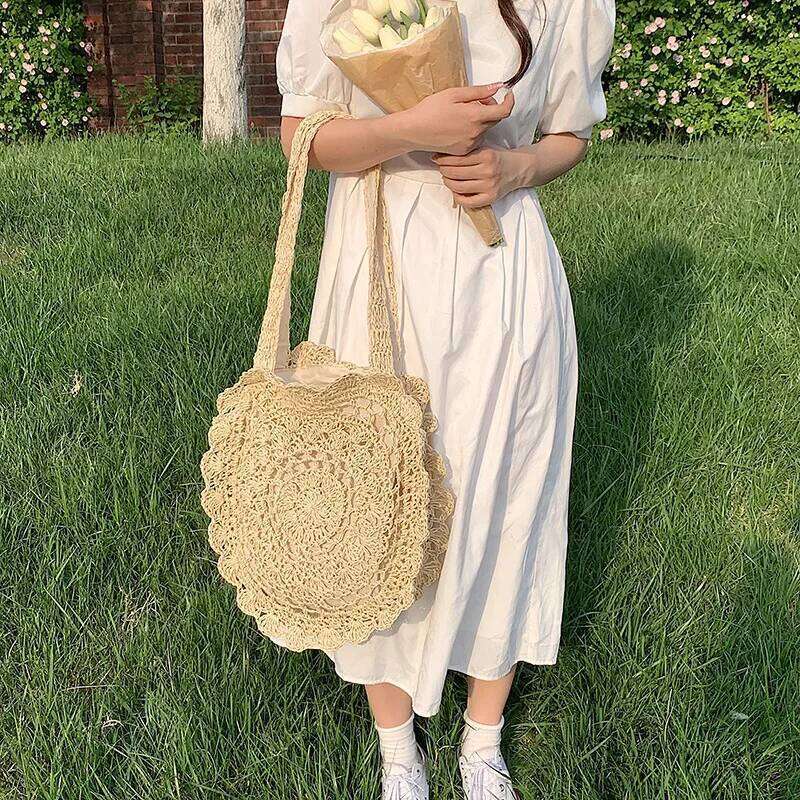 Bohemian Straw for Women Circle Beach Handbags Summer Rattan Shoulder Bags Handmade Knitted Travel Big Totes Bag New XJ260306