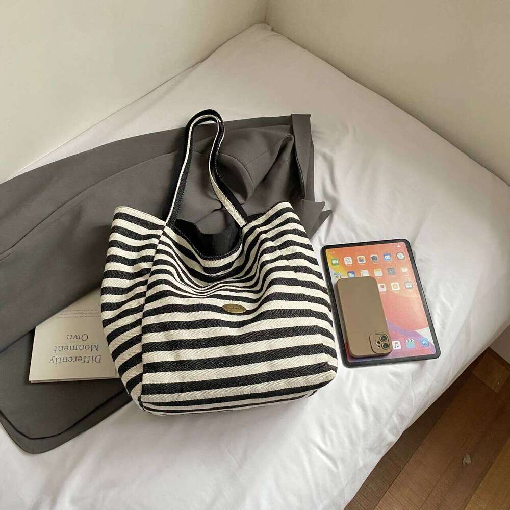 Double stripe canvas - Large capacity, relaxed style tote bag women, suitable for students and casual commuting, single XJ260306