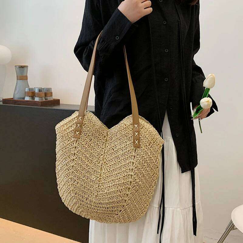 Handmade Fashion Straw Shoulder Bag for Women with Bow Scarf Travel Beach Handbag Girls Shopping Pack Feminine Style XJ260306