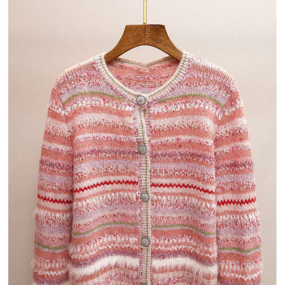 2026 designer high-end women's spring and summer new A13 sweet mixed color striped round neck versatile single breasted knitted sweater top