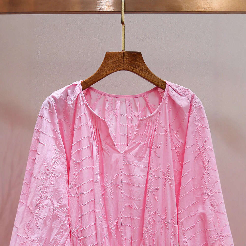 2026 Autumn New French Designer Sweet Heavy Embroidered Strap V-neck Pink Ruffle Women's High end Exquisite Dress