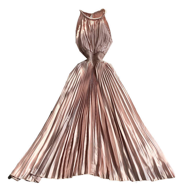 2026 designer elegant women's style high-end temperament women's suspender skirt summer elastic waist slimming long pleated skirt