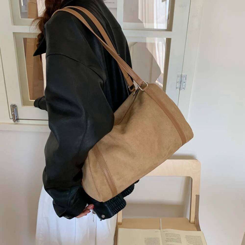 Premium Simple Solid Color Tote Bag, Autumn Winter Fashion Suede Shoulder for Women's, Retro Casual Commuting Crossbody Bag XJ260306