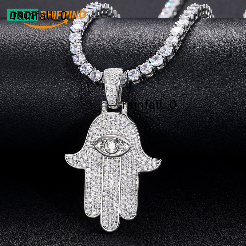 Dropshipping Fine Jewelry 925 Sterling Silver VVS Moissanite Bling Iced Out Eye Hamsa Hand Pendant for Men Women