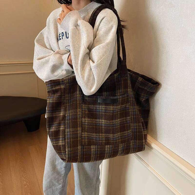 Woolen Plaid Big Women's 2025 New Korean Version Tote College Style Casual Large-capacity Shoulder Bag XJ260306